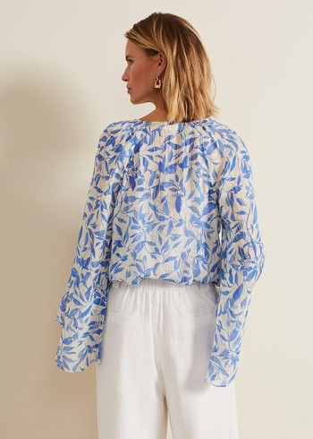 Phase Eight Simi Leaf Print Filcoupe Shirts Blue Canada | PDXVEO-196